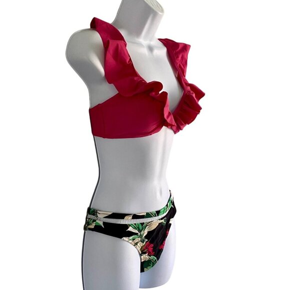 Cupshe 2 Piece Swimsuit Bikini Pink Ruffle Top Floral Bottom Women's Small NEW - Picture 3 of 9